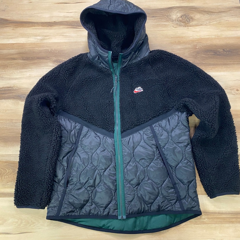 Nike Sportswear Heritage Jacket Sherpa Fleece Hooded XL Hybrid Black Green